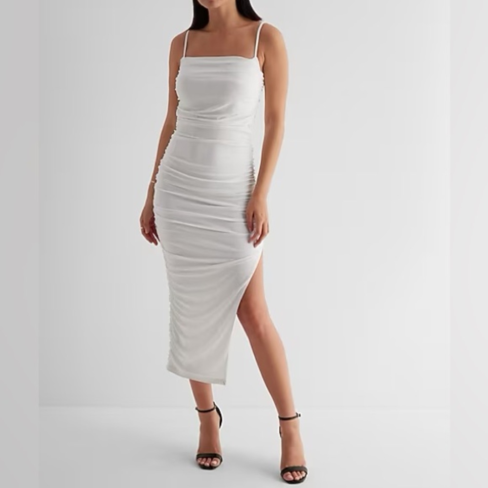 Express Body Contour Mesh Ruched Side Slit Midi Dress With Bra Cups XS